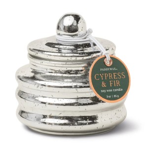 Стъклена мини соева свещ с капак Падивакс, Лъч - сребърна - Кипарис и ела 